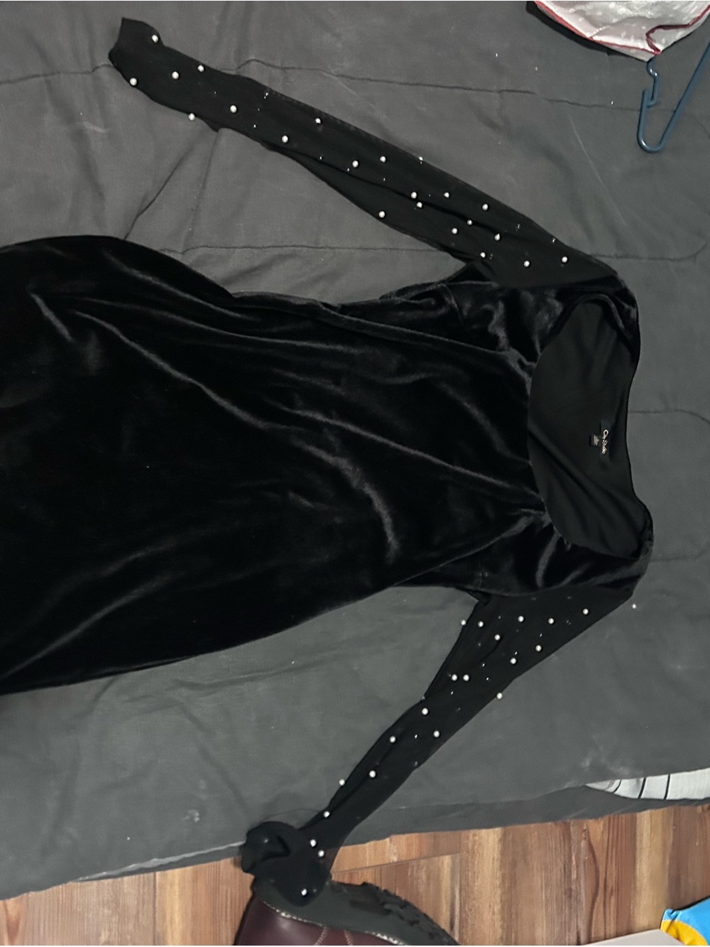 Velvet Black Long Sleeve Pearl-Accent Dress